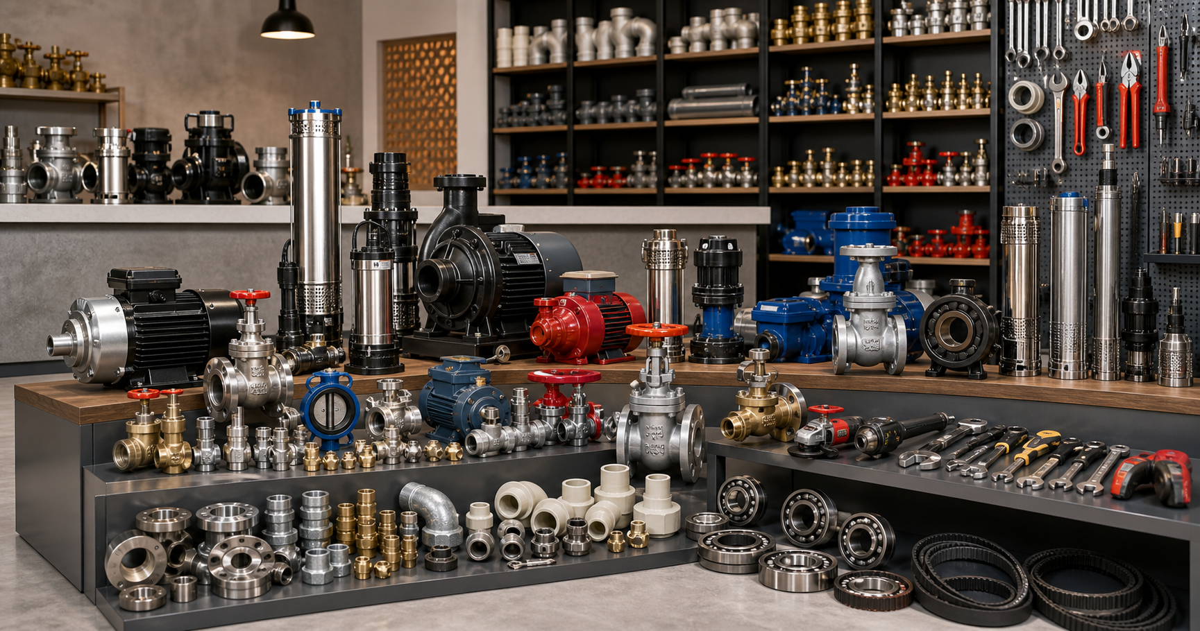 Pumps, motors, valves, pipe fittings, tools, bearings and machinery items in a hardware showroom