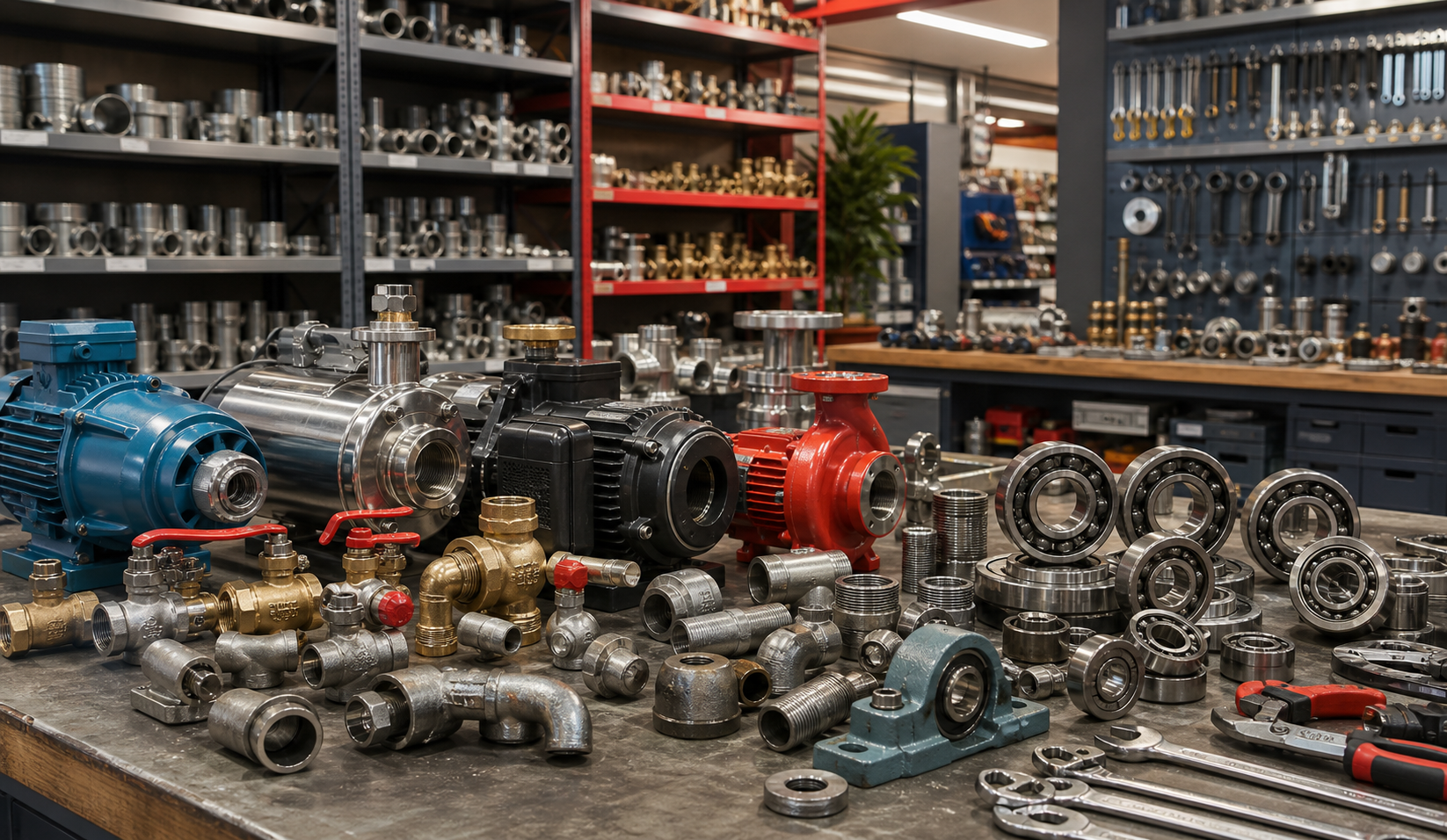Pumps, valves, fittings and bearings arranged in an industrial hardware workshop
