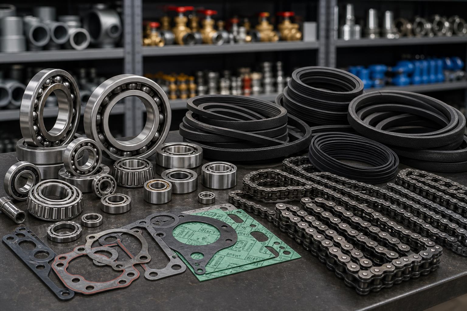 Bearings, V belts, industrial chains and gasket sheet samples