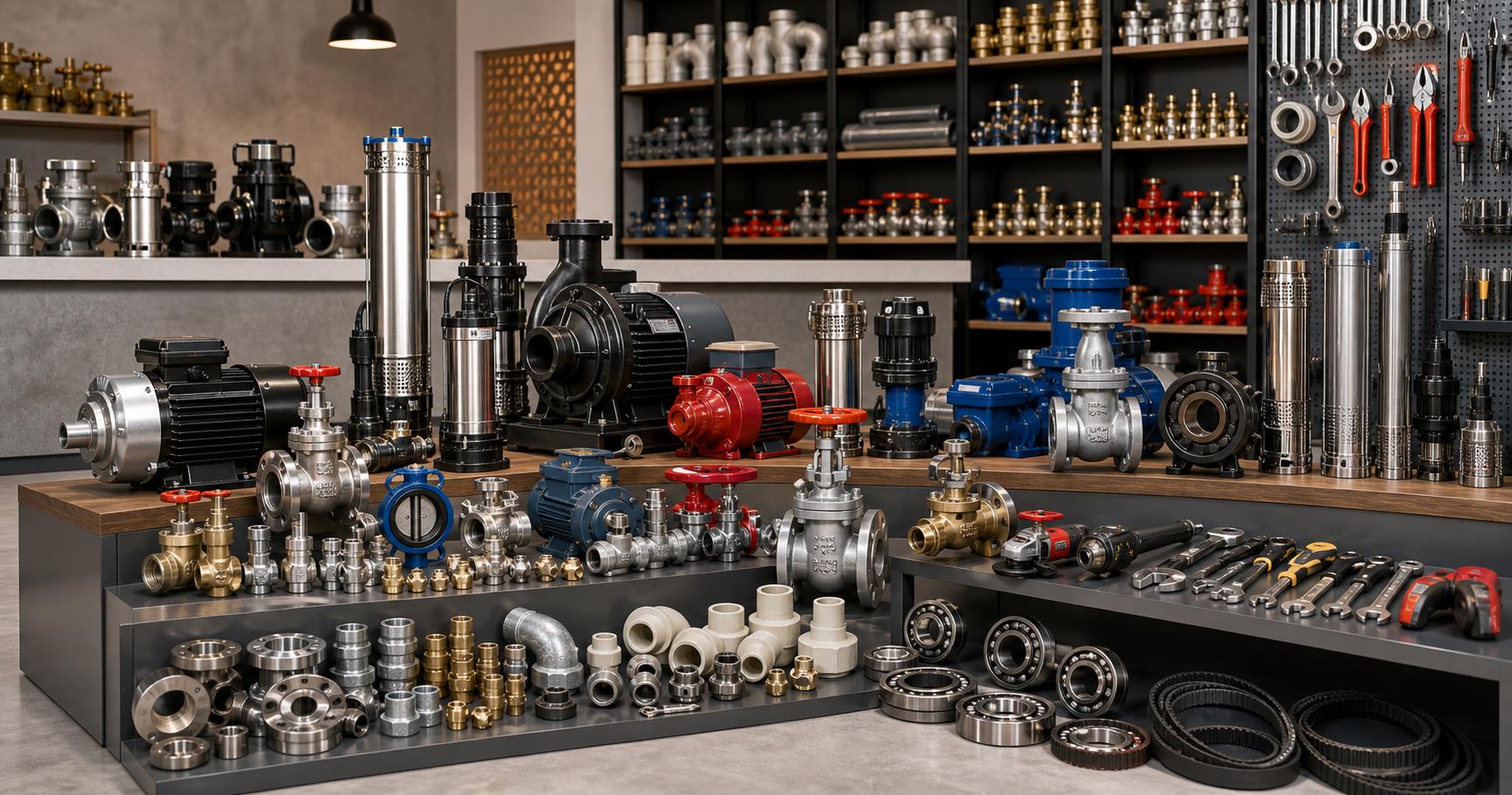 Pumps, motors, valves, pipe fittings, tools, bearings and machinery items in a hardware showroom