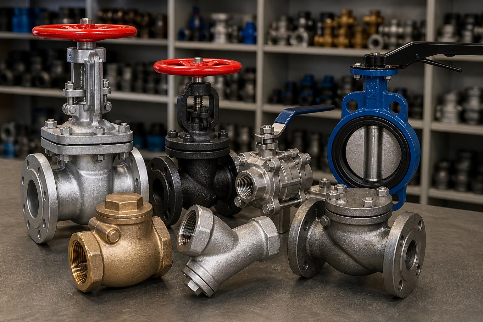 Industrial valves including gate, globe, ball, butterfly and check valves