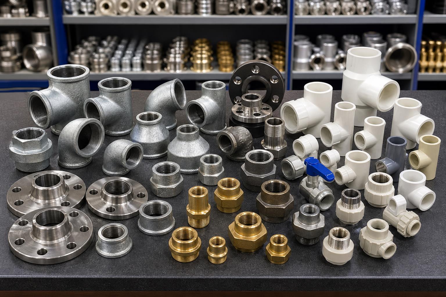 Assorted pipe fittings, elbows, tees, flanges and couplings