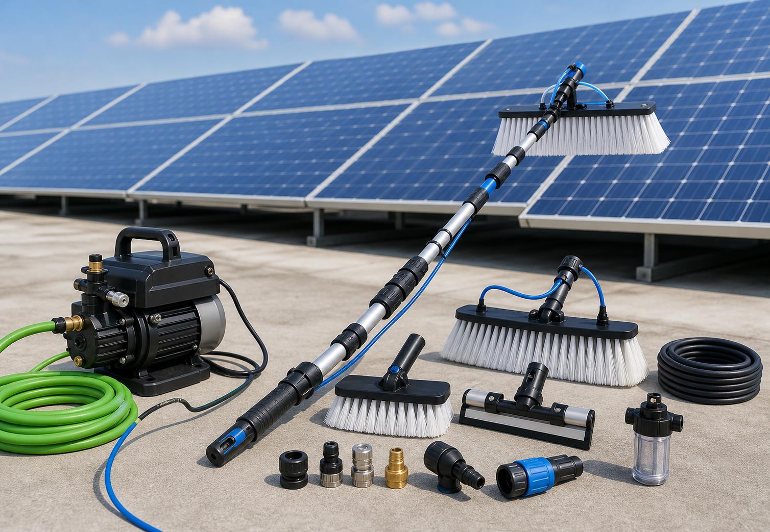 Solar panel cleaning brush, water-fed pole, squeegee, hose and cleaning accessories