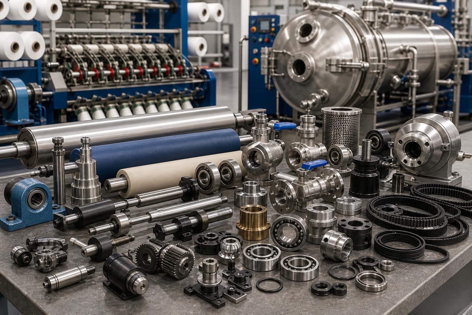 Textile machinery parts, rollers, gears, bearings, belts and dyeing machine spares