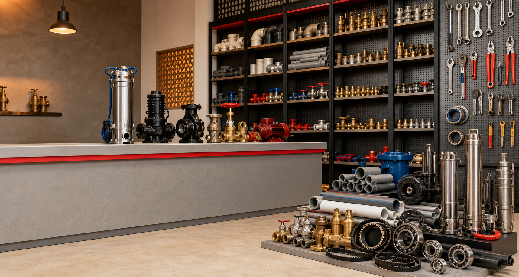 Industrial pumps, valves, fittings and hardware arranged in a modern showroom