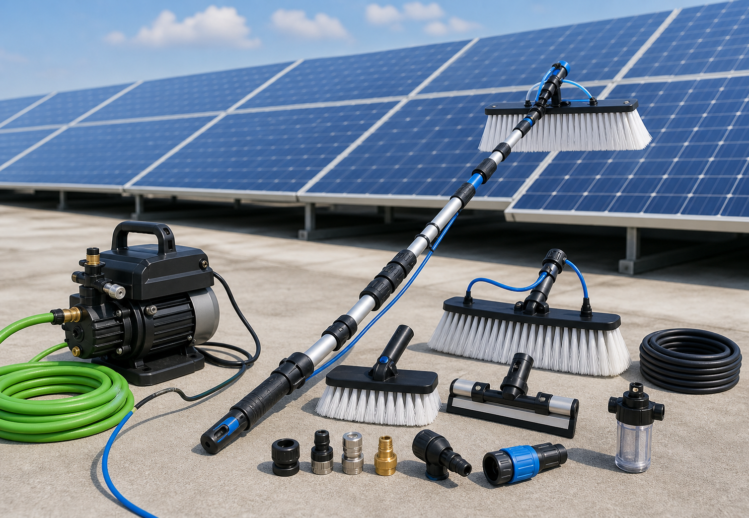 Solar panel cleaning brush, water-fed pole, squeegee, hose and cleaning accessories