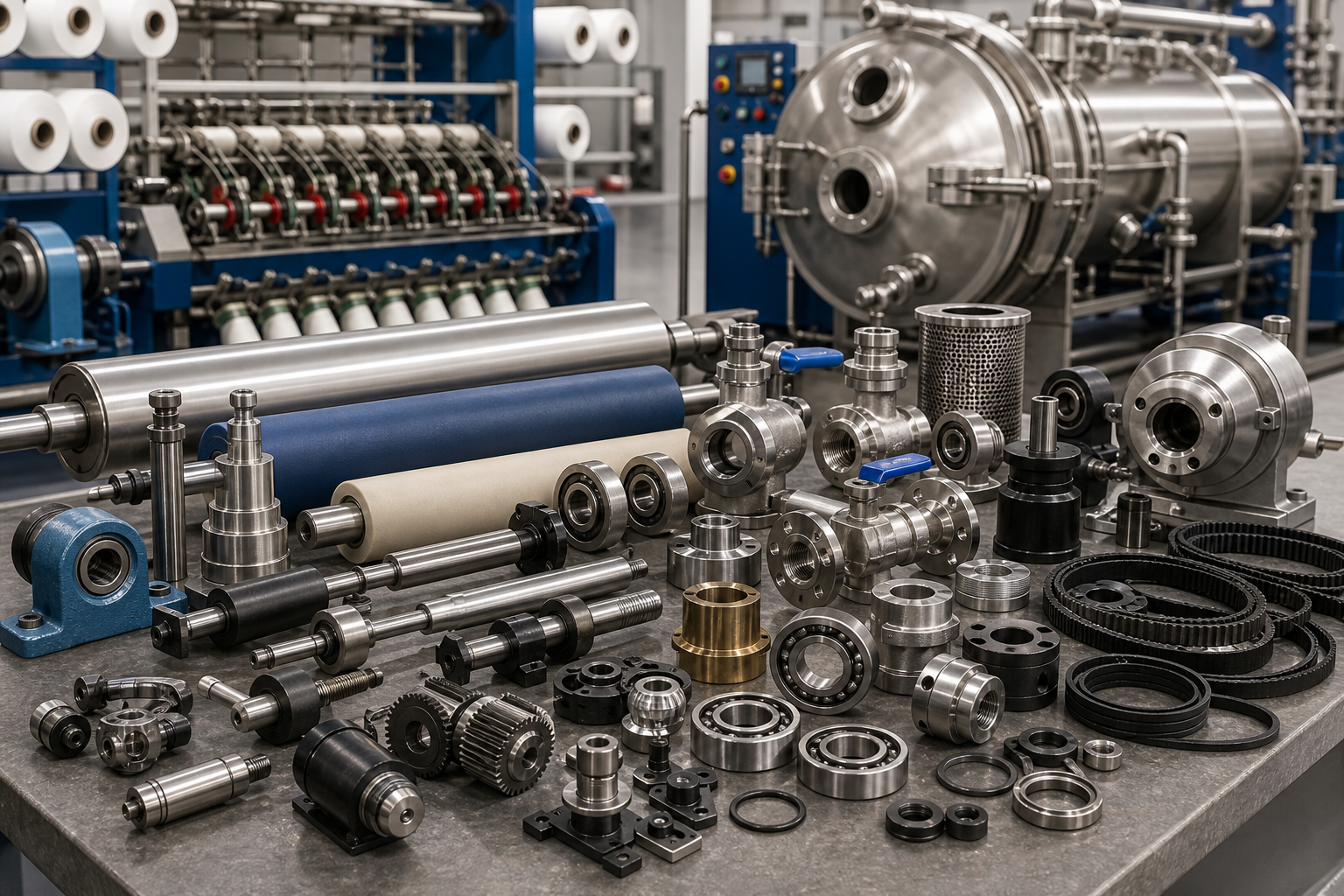 Textile machinery parts, rollers, gears, bearings, belts and dyeing machine spares